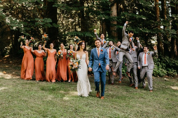 Colorful Vibrant Wedding Party, Bride And Groom At Snohomish Wedding Venue The Lookout Lodge