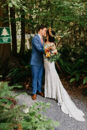 Snohomish Wedding Venue The Lookout Lodge Bride Groom Bridesmaid Groomsmen Woodland Wedding Venue with Mountain Views